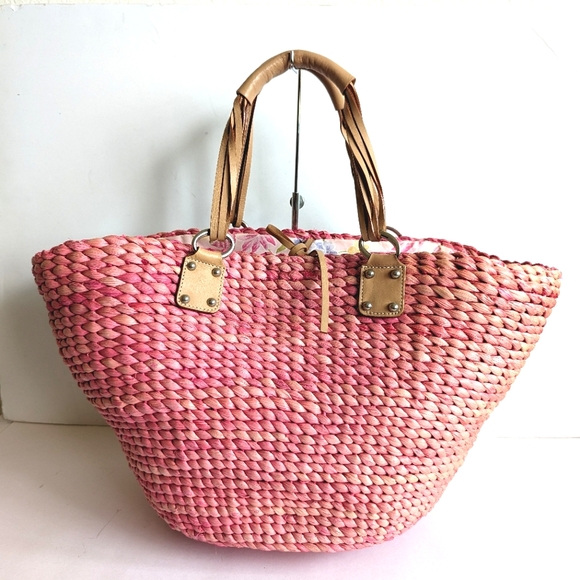 Banana Republic Pink Straw Tote Bag 🩷 17" Top Length & Tan Leather Handles - Picture 1 of 12